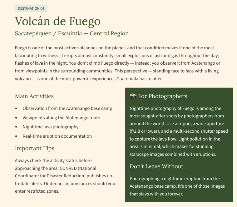 Destination sheet with activities and recommended time